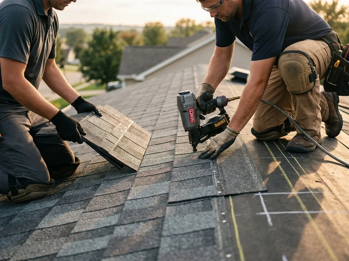 Professional roofer working on a residential roof in Youngtown